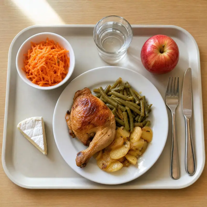 Plateau-repas vu du dessus : carottes râpées, poulet rôti, haricots verts, pommes de terre, camembert, pomme et verre d'eau.