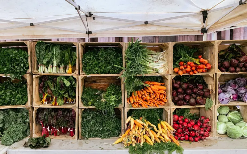 Légumes de saison dans des cagettes en bois : blettes, carottes, betteraves, radis, choux.